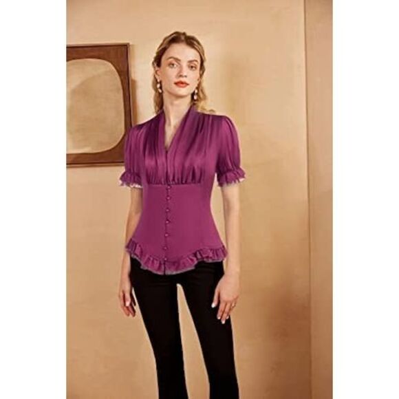 Scarlet Darkness Tops - Scarlet Darkness Burgundy Satin Corset Short Sleeve Victorian Blouse Size M